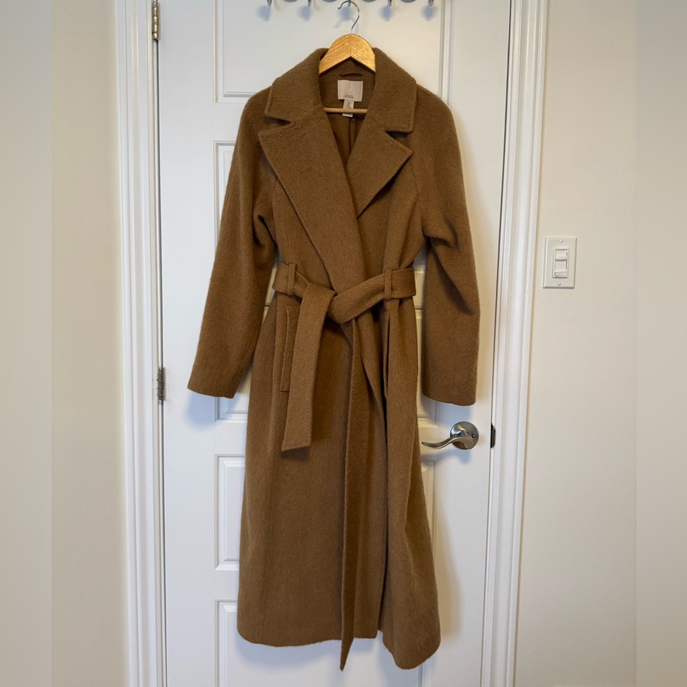 H&M wool blend khaki tan light brown wrap coat